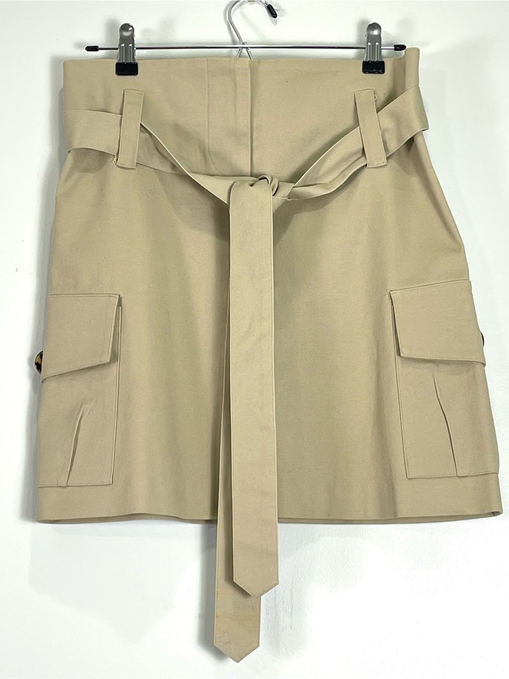 YA-YA Khaki Cargo Short Skirt Fabric Tie Belt Button Pockets Stretch Size Small